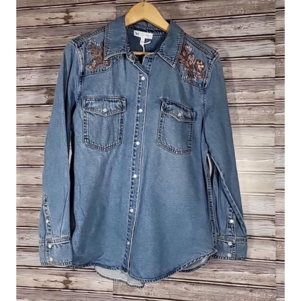 Womens Relaxed Fit Denim Shirt Jessica Simpson Snap Front Embroidered Size Large